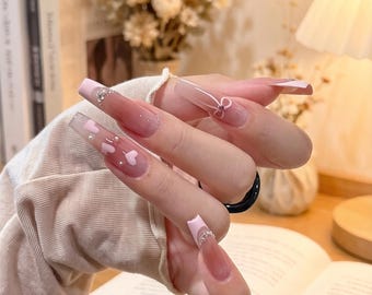 Handmade Pink Heart Blush Luxury Press On Nails - Reusable Fake Nail