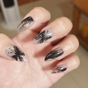 Hand-painted Ink Black Butterfly Press On Nail Set, Fake Nails, Luxury Hand-Made, Reusable, Almond/Coffin/Square/Stiletto Nails