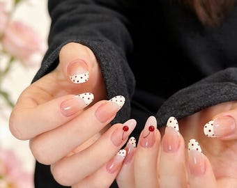 Handmade Polka Dot French Cherry Luxury Press On Nails - Reusable Fake Nails
