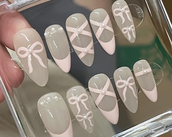 Handmade Pink Ballet Press On Nail Set, Cute Fake Nails, Luxury Hand-Made, Reusable, Almond/Coffin Nails