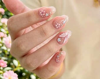 Handmade Spring 3D Butterfly FlowerPress On Nails - Reusable Fake Nail