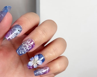 Ocean Cat Eye 3D Floral Press On Nagelset, Mermaind Fake Nägel, handgefertigt, wiederverwendbar, Sargnägel