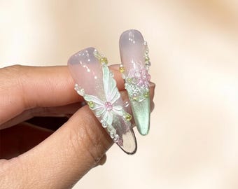 Handmade Spring Green Butterfly Cat Eye Press On Nails - Reusable Fake Nail