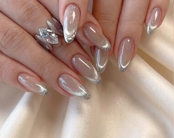 Handmade Silver Cat Eye French Luxury Press On Nails - Reusable Fake Nails