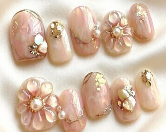 Handmade 3D Embossed Flower Luxury Press On Nails - Reusable Fake Nail