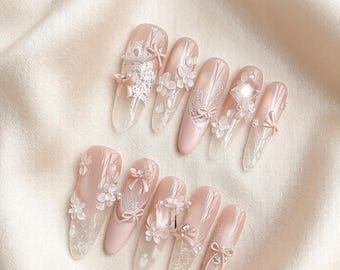 Handmade Lace Crystal Fairy Press On Nails - Reusable Fake Nail