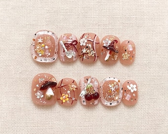 Handmade Cute 3D Mushroom Cherry Press On Nails - Reusable Fake Nail