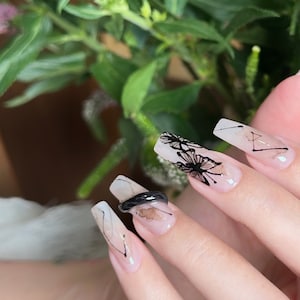 Black Ink 3D Snake Butterfly Press On Nail Set, Y2k Fake Nails, Luxury Snake Hand-Made, Reusable, Coffin Nails