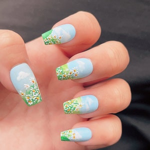 Daisy hand-painted Press On Nail Set, Fake Nails, Luxury Flower Hand-Made, Reusable, Almond/Coffin/Stiletto Nails