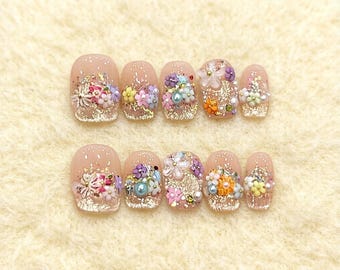 Handmade Spring 3D Color Flower Press On Nails - Reusable Fake Nail