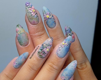Handmade 3D Embossed Flower Oil Painting Style Reusable Press On Nails