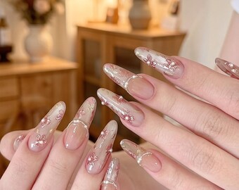 Handmade Spring Rose Gold Flower Press On Nails - Reusable Fake Nail