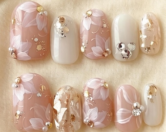 Handmade Spring White Flower Luxury Press On Nails - Reusable Fake Nail
