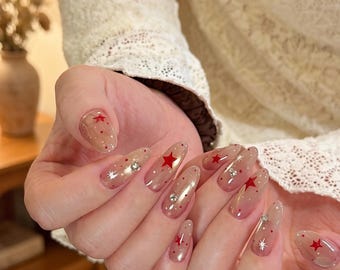 Handmade Red Star Cat Eye Luxury Press On Nails - Reusable Fake Nails
