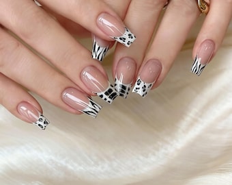 Handmade White French Animal Print Luxury Press On Nails - Reusable Fake Nails