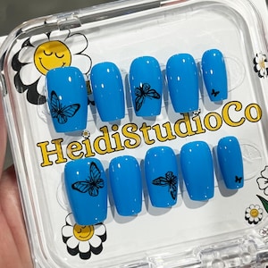 Blue Butterfly Press On Nail Set, Fake Nails, Luxury Hand-Made, Reusable, Almond/Coffin/Stiletto Nails