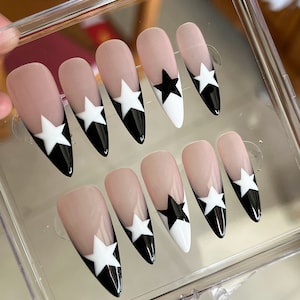 Schwarz-Weiß-Stern Französische Presse auf Nagelset, künstliche Nägel, Luxus schwarz, wiederverwendbar, y2k Mandel / Sarg / Stiletto Nägel