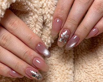 Handmade Cat Eye Silver Leaf Luxury Press On Nails - Reusable Fake Nails