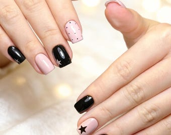 Handmade Black and Pink Star Press On Nails - Reusable Luxury Fake Nails