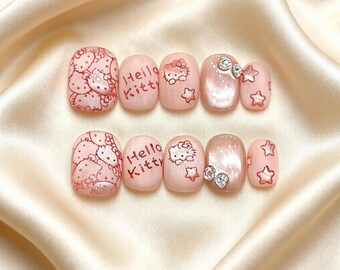 Handmade Pink Kitty Cat Eye Press On Nails - Reusable Fake Nail