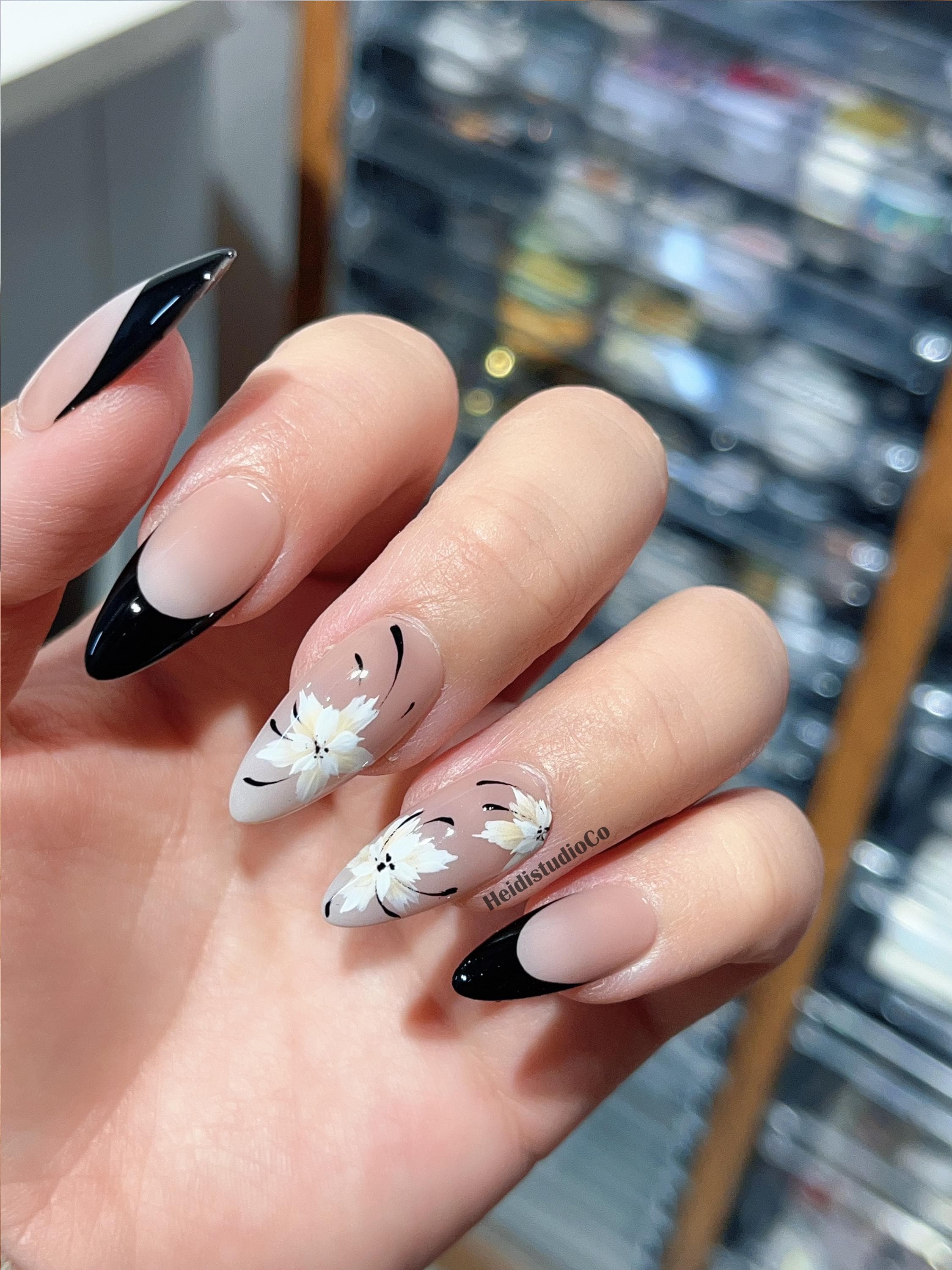 Handmade White Flower Black French Press on Nails - Reusable
