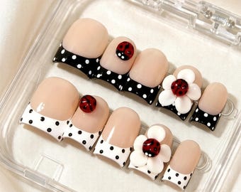 Handmade Ladybug 3D Flower French Luxury Press On Nails - Reusable Fake Nail