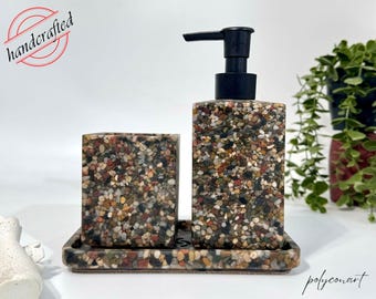 Handmade Resin Bathroom Set: Natural Stone Soap Dispenser, Toothbrush Holder & Tray