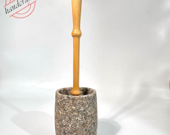Handmade Resin Toilet Brush Holder: Beige Natural Stone, Wooden Handle