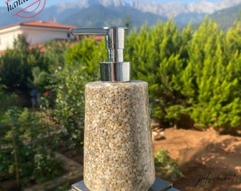 Handmade Beige Stone Resin Soap Dispenser: Natural Look Bathroom Accessory