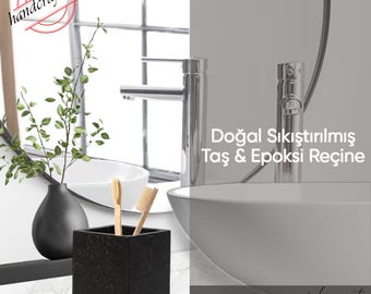 Handmade Resin and Stone Toothbrush Holder: Minimalist Bathroom Desk Organizer