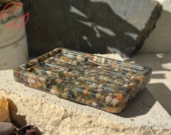 Handmade Amber River Gravel Resin Soap Dish: Minimalist Bathroom Accessory