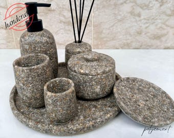 Resin Natural Stone 7-Piece Bathroom Accessories Set: Minimalist Beige Decor
