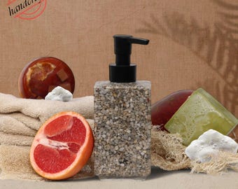 Beige Stone Soap Dispenser: Handcrafted Natural Minimalist Bathroom Decor