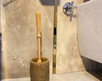 Handmade Resin Stone Toilet Brush Holder: Modern Bathroom WC Brush with Wooden Handle