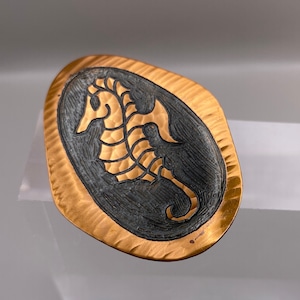 Vintage 70&#39;s MODA Signed Malta Hand Made Oval Copper Seahorse Brooch