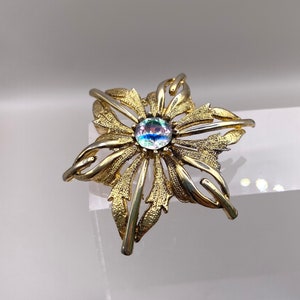 Vintage Hollywood Designer Signed Iris Rainbow Glass Gold Flower Brooch Art Deco