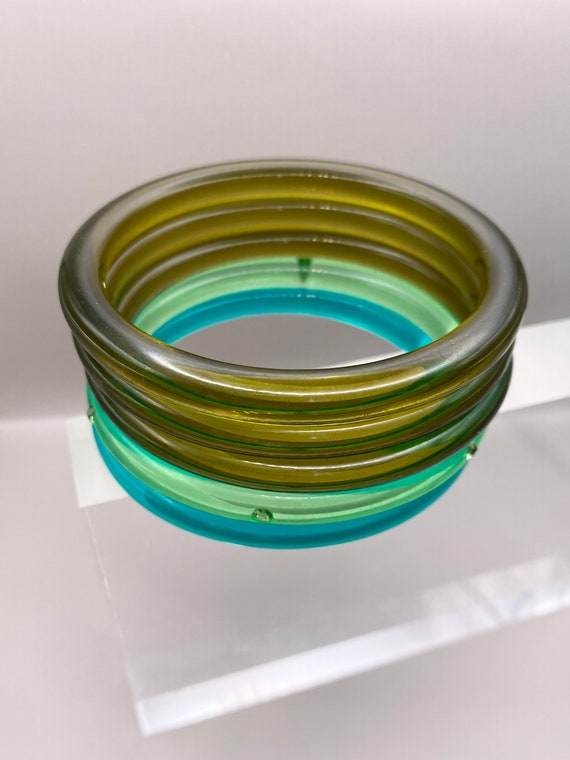 Vintage Translucent Green Plastic Stack of 5 Stac… - image 9
