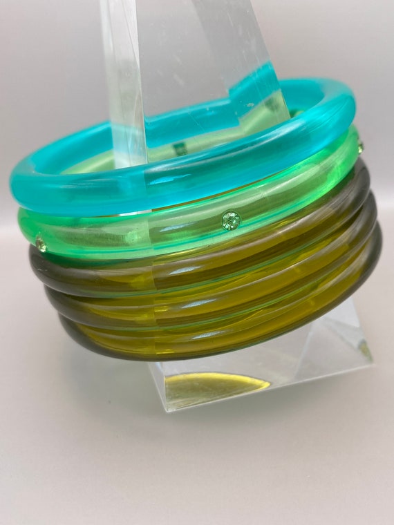 Vintage Translucent Green Plastic Stack of 5 Stac… - image 6