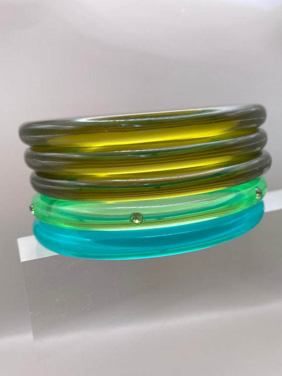 Vintage Translucent Green Plastic Stack of 5 Stac… - image 4