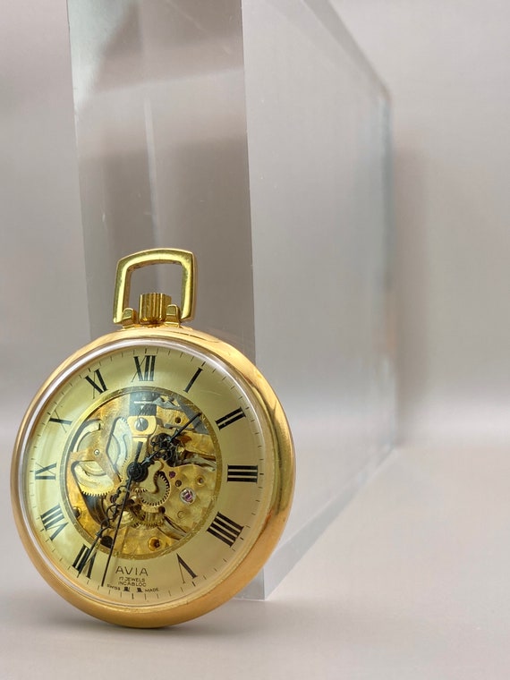 Vintage Gold Plated AVIA 17 Jewels INCABLOC Skeleton Open Face