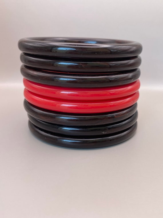 Vintage Marbled Dark Brown and Red Plastic Stack … - image 4