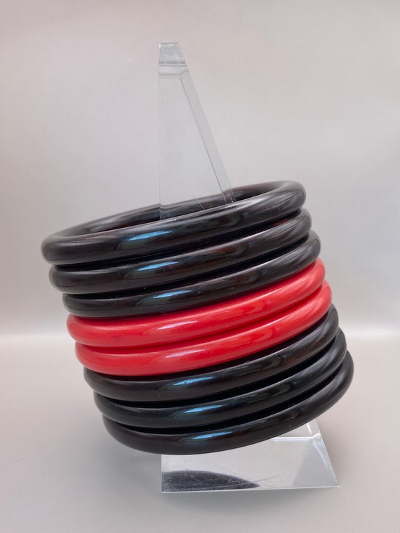 Vintage Marbled Dark Brown and Red Plastic Stack … - image 2