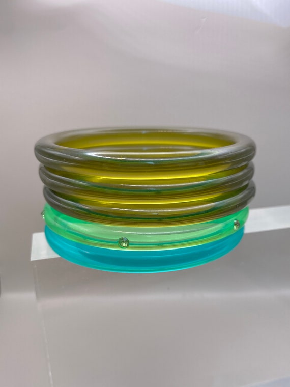 Vintage Translucent Green Plastic Stack of 5 Stac… - image 2