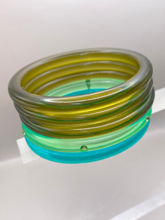 Vintage Translucent Green Plastic Stack of 5 Stac… - image 5