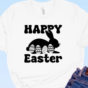 Happy Easter. Bunny Rabbit with Easter eggs. Woodland Creatures. Adult to baby sizes. Cute Easter Shirt.