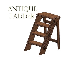 May include: Antique wooden step ladder with three steps and decorative details. The ladder is brown and has a traditional design.