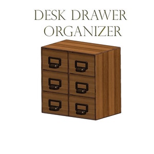 Peut inclure: Un organisateur de tiroir de bureau en bois avec six tiroirs. Chaque tiroir a une poignée en métal noir.
