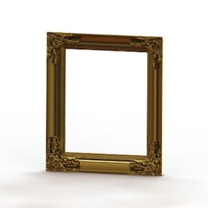 Könnte beinhalten: Ein verzierter Bilderrahmen in Gold mit rechteckiger Form und aufwendigen Details an den Rändern.