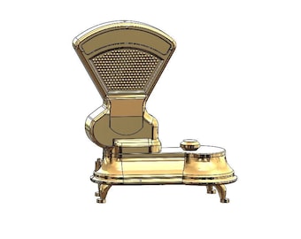 May include: A gold-colored vintage scale with a round base and three legs. The scale has a large, fan-shaped dial with a grid pattern.