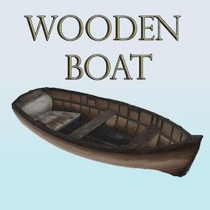 May include: A brown wooden boat with the text "WOODEN BOAT" in gold lettering. The boat has a simple design with a seat and is set against a light blue background. The boat appears to be floating.